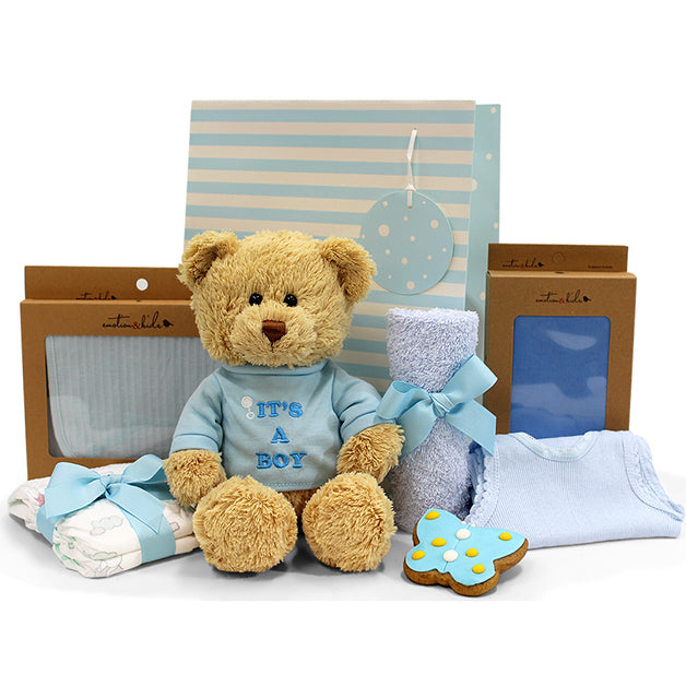Newborn Baby Boy Gift with Plush Teddy 'It's a Boy!' 28cm, 100% Cotton Muslin Wrap, Cute Handmade Blue Gingerbread Butterfly Cookie, Newborn Nappies, Cotton Baby Bib, Face Washer & Singlet Deals499
