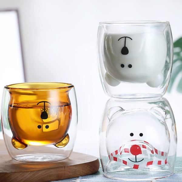 2pcs Cute Bear Mugs Double Wall Insulated Glasses for Juice Coffee Tea Milk - Happy Bear Deals499