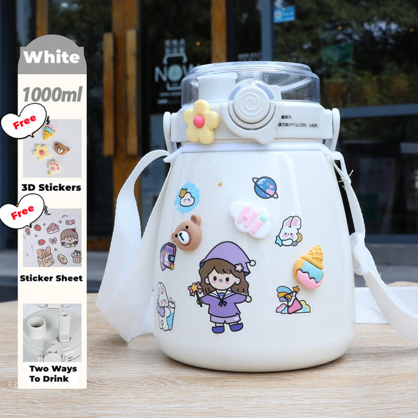 1000ml Large Water Bottle Stainless Steel Straw Water Jug with FREE Sticker Packs (White) Deals499
