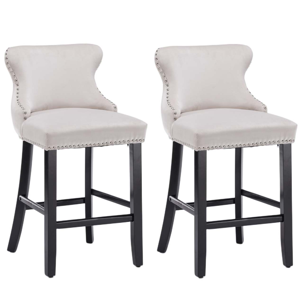 2x Velvet Upholstered Button Tufted Bar Stools with Wood Legs and Studs-Beige Deals499