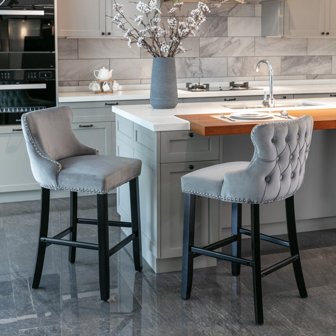 2x Velvet Upholstered Button Tufted Bar Stools with Wood Legs and Studs-Grey Deals499