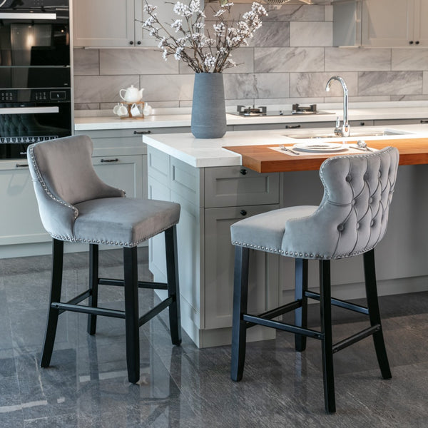 2x Velvet Upholstered Button Tufted Bar Stools with Wood Legs and Studs-Grey Deals499