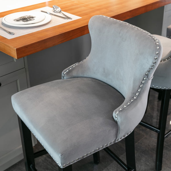 2x Velvet Upholstered Button Tufted Bar Stools with Wood Legs and Studs-Grey Deals499