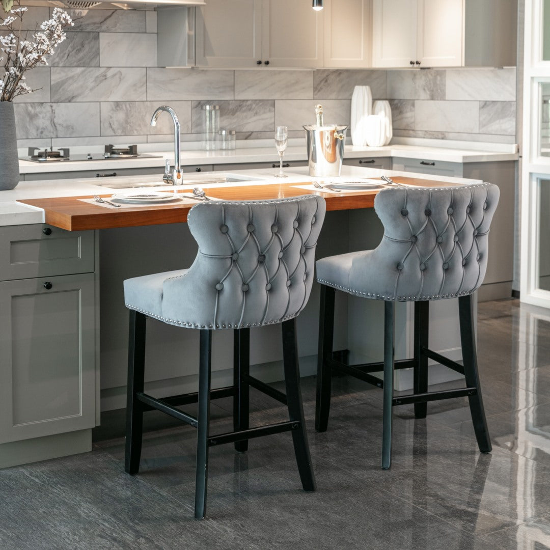 2x Velvet Upholstered Button Tufted Bar Stools with Wood Legs and Studs-Grey Deals499