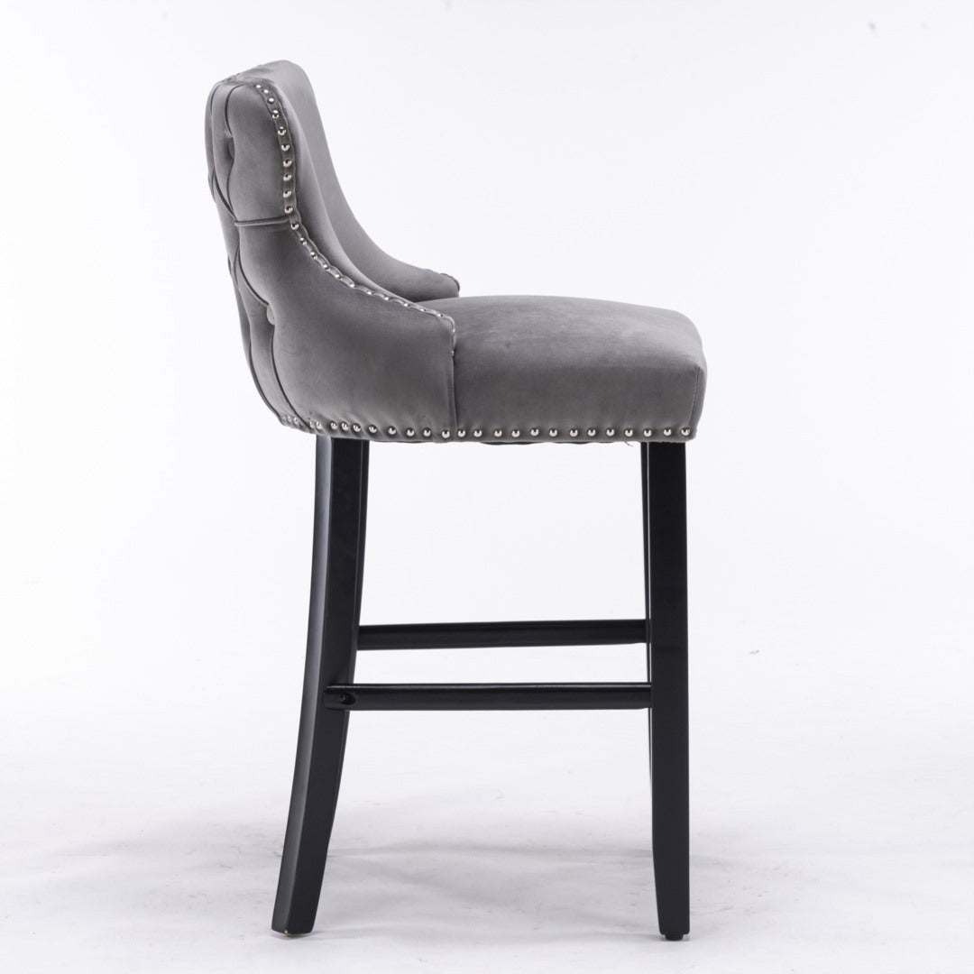 2x Velvet Upholstered Button Tufted Bar Stools with Wood Legs and Studs-Grey Deals499