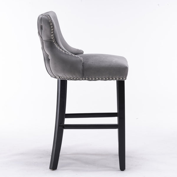 2x Velvet Upholstered Button Tufted Bar Stools with Wood Legs and Studs-Grey Deals499