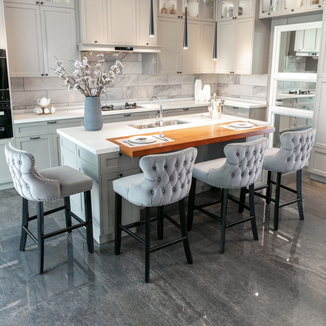 2x Velvet Upholstered Button Tufted Bar Stools with Wood Legs and Studs-Grey Deals499