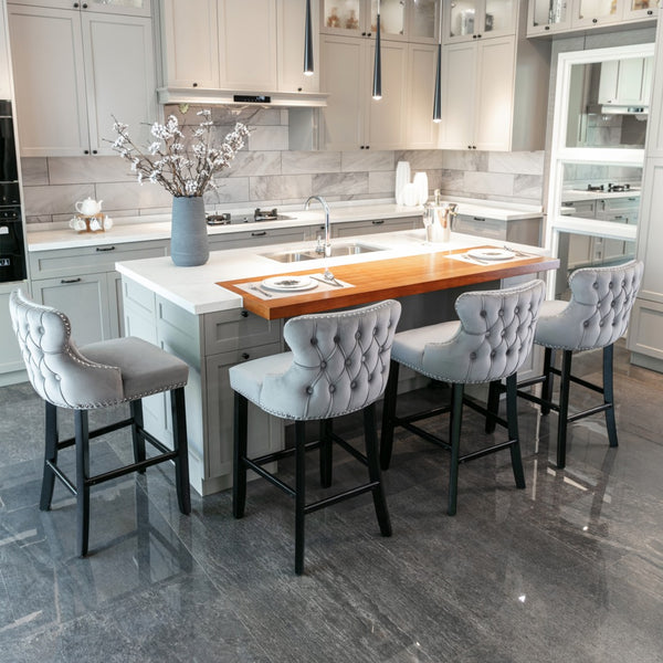2x Velvet Upholstered Button Tufted Bar Stools with Wood Legs and Studs-Grey Deals499