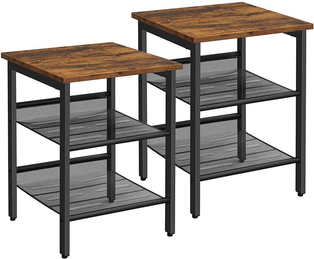 VASAGLE Side Table Set Nightstand Industrial Set of 2 Bedside Tables with Adjustable Mesh Shelves Rustic Brown and Black LET24X Deals499