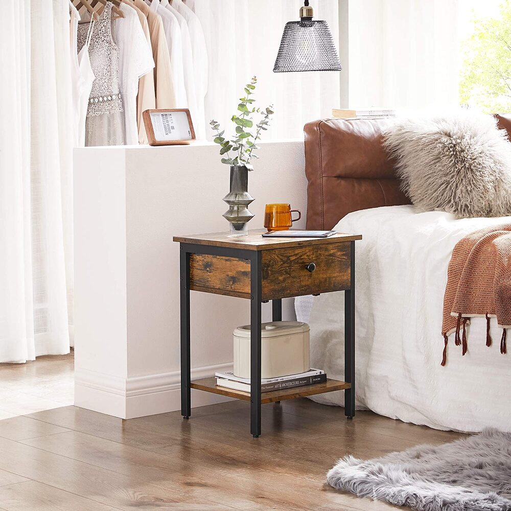 VASAGLE Nightstand Bedside Table Side Table with Drawer and Shelf End Table Bedroom Living Room Easy Assembly Steel Frame Industrial Rustic Brown and Black LET55BX Deals499