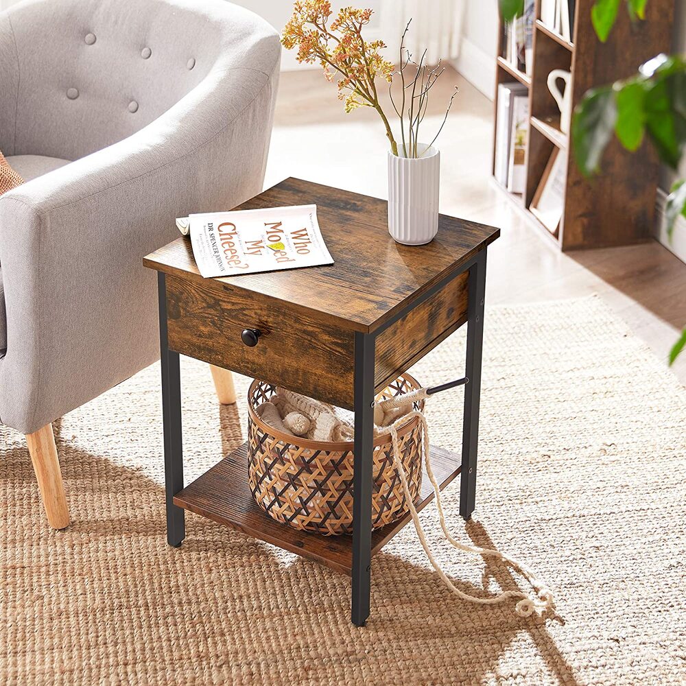 VASAGLE Nightstand Bedside Table Side Table with Drawer and Shelf End Table Bedroom Living Room Easy Assembly Steel Frame Industrial Rustic Brown and Black LET55BX Deals499