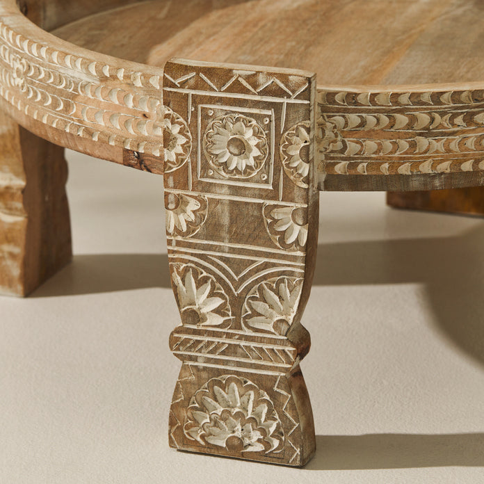 Tree Stripes Maala Hand Carved Chakki Accent Coffee Table (Whitewash) - Small Deals499