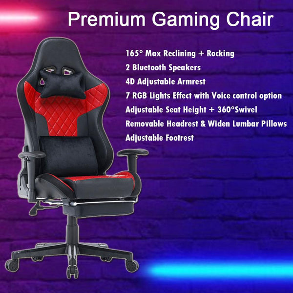 7 RGB Lights Bluetooth Speaker Gaming Chair Ergonomic Racing chair 165° Reclining Gaming Seat 4D Armrest Footrest Black Red Deals499