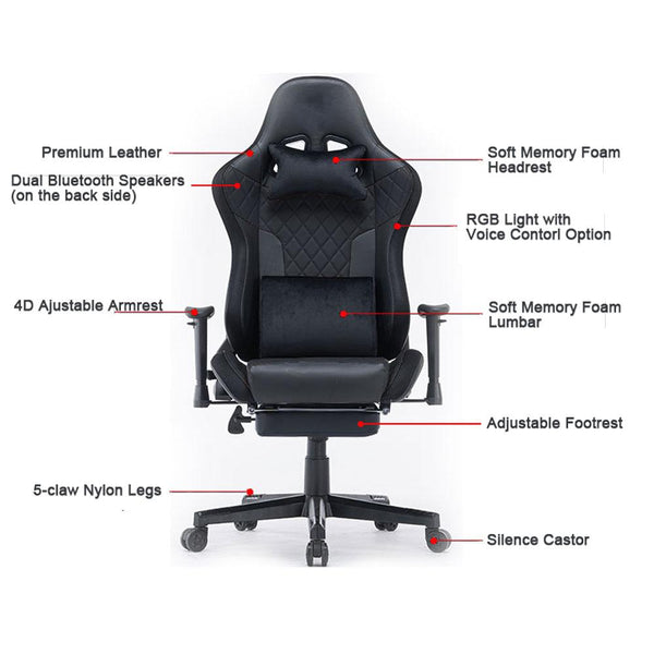 7 RGB Lights Bluetooth Speaker Gaming Chair Ergonomic Racing chair 165° Reclining Gaming Seat 4D Armrest Footrest Pink White Deals499