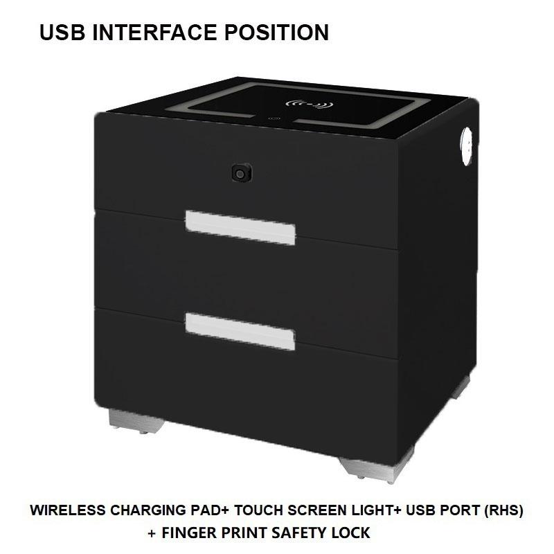 Smart Bedside Tables Finger Print Lock Side 3 Drawers Wireless Charging USB Nightstand LED  AU Deals499