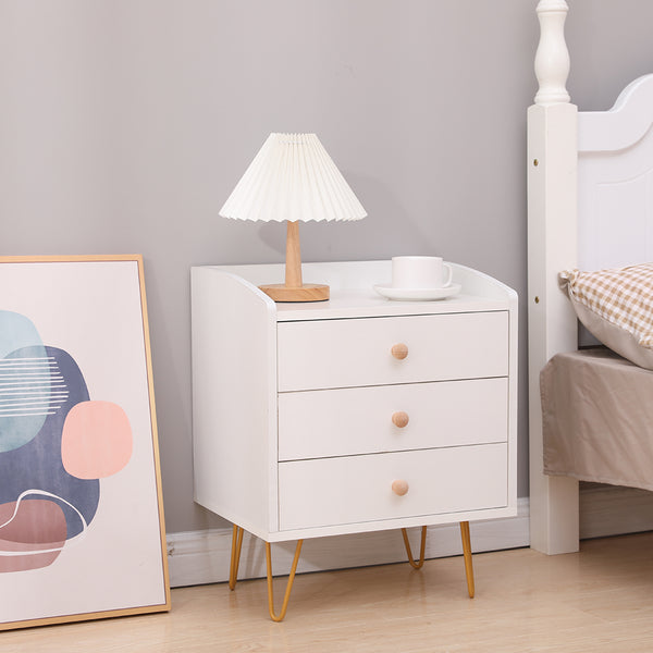 Winston 3 - Drawer Nightstand Bedside Table with Gold Steel Legs Tray Top White Deals499