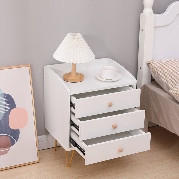 Winston 3 - Drawer Nightstand Bedside Table with Gold Steel Legs Tray Top White Deals499