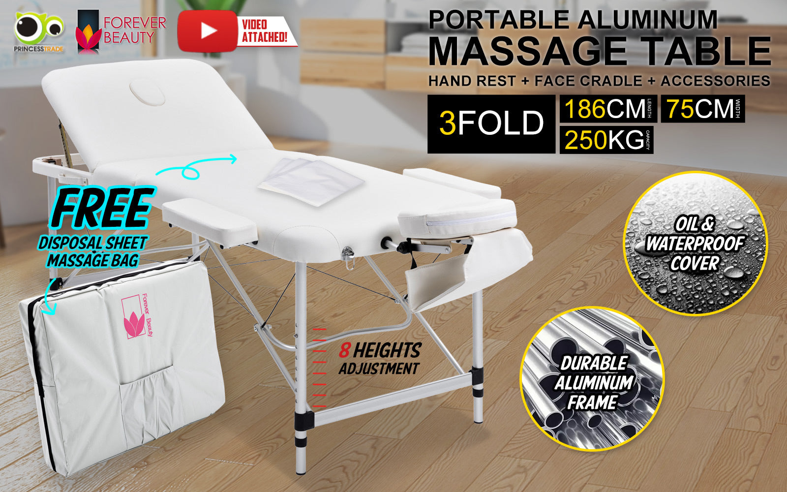 Forever Beauty White Portable Beauty Massage Table Bed Therapy Waxing 3 Fold 75cm Aluminium Deals499