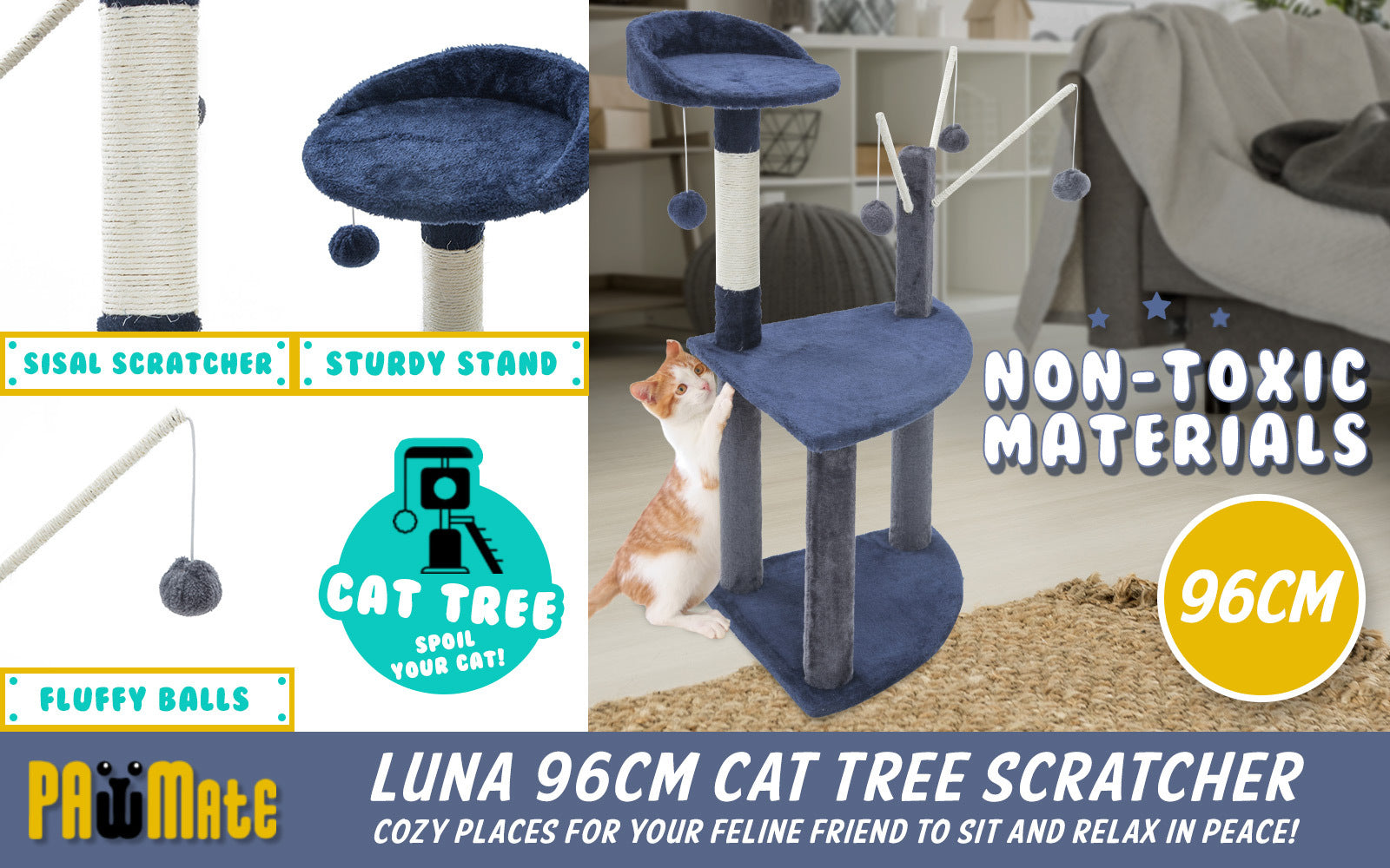 Paw Mate 96cm Blue Cat Tree Luna Multi Level Scratcher Deals499