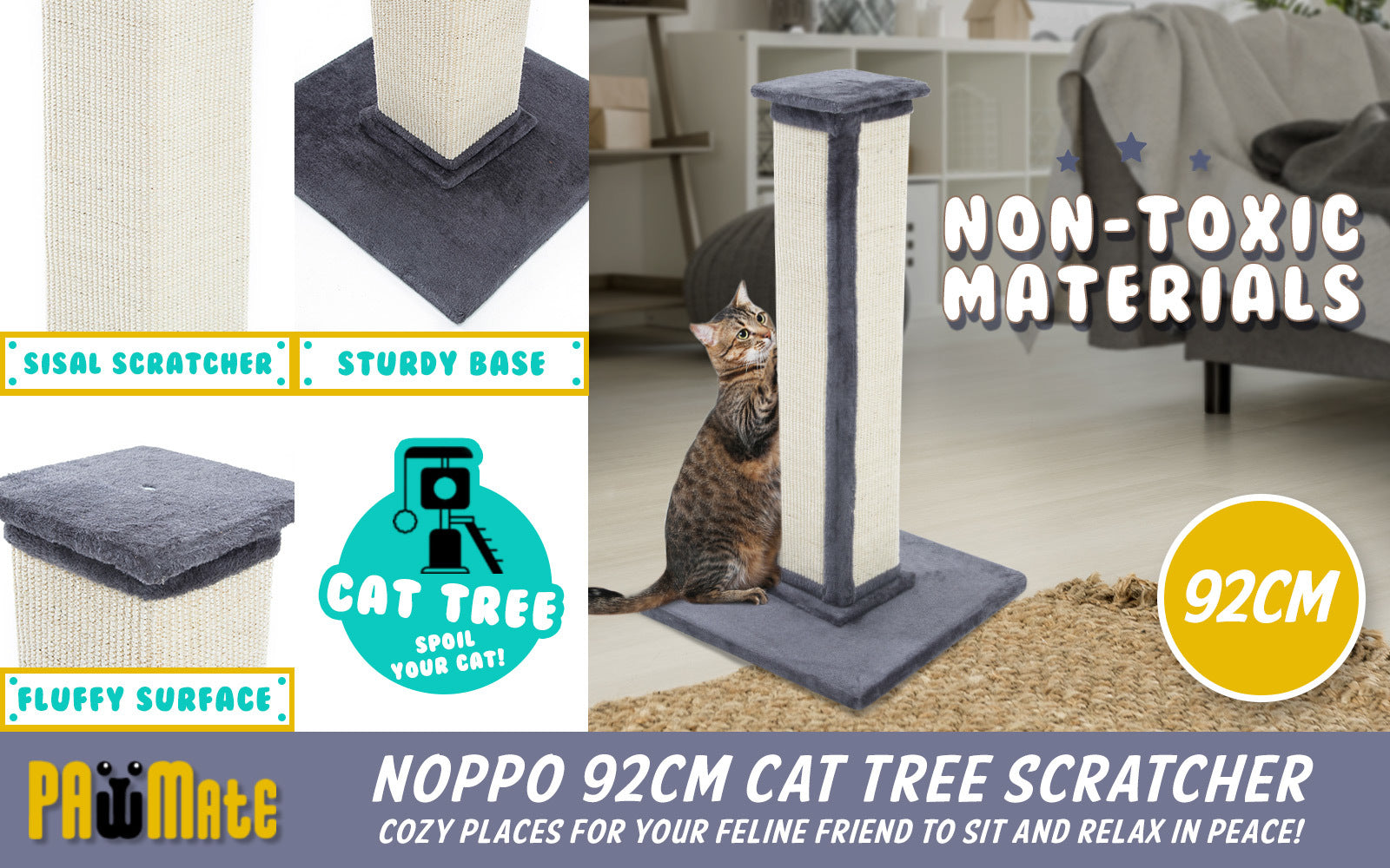 Paw Mate 92cm Grey Cat Tree Noppo Multi Level Scratcher Deals499