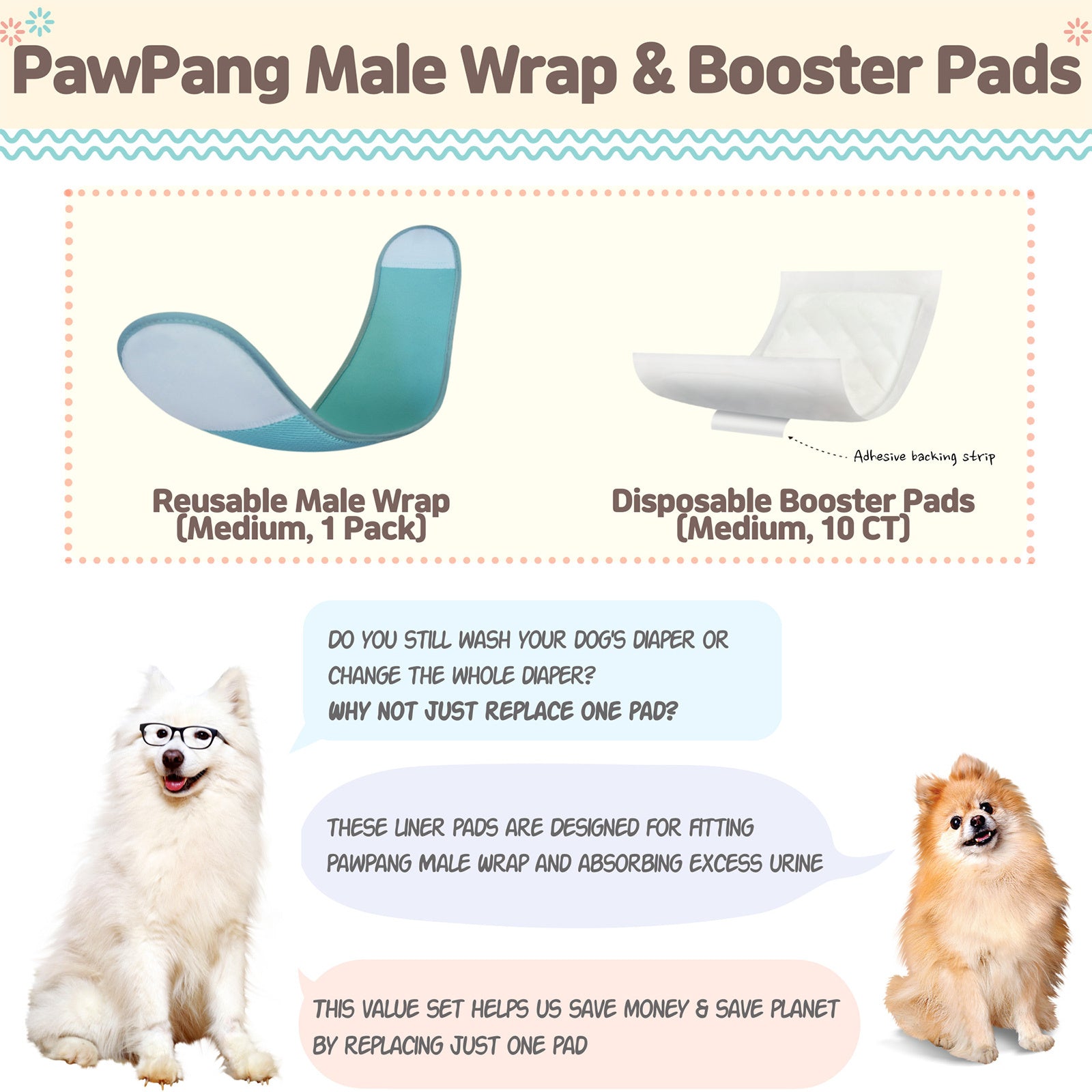 PawPang M Dog Wrap Reusable Male + 10 Ct M Diaper Booster Pads Disposable Deals499