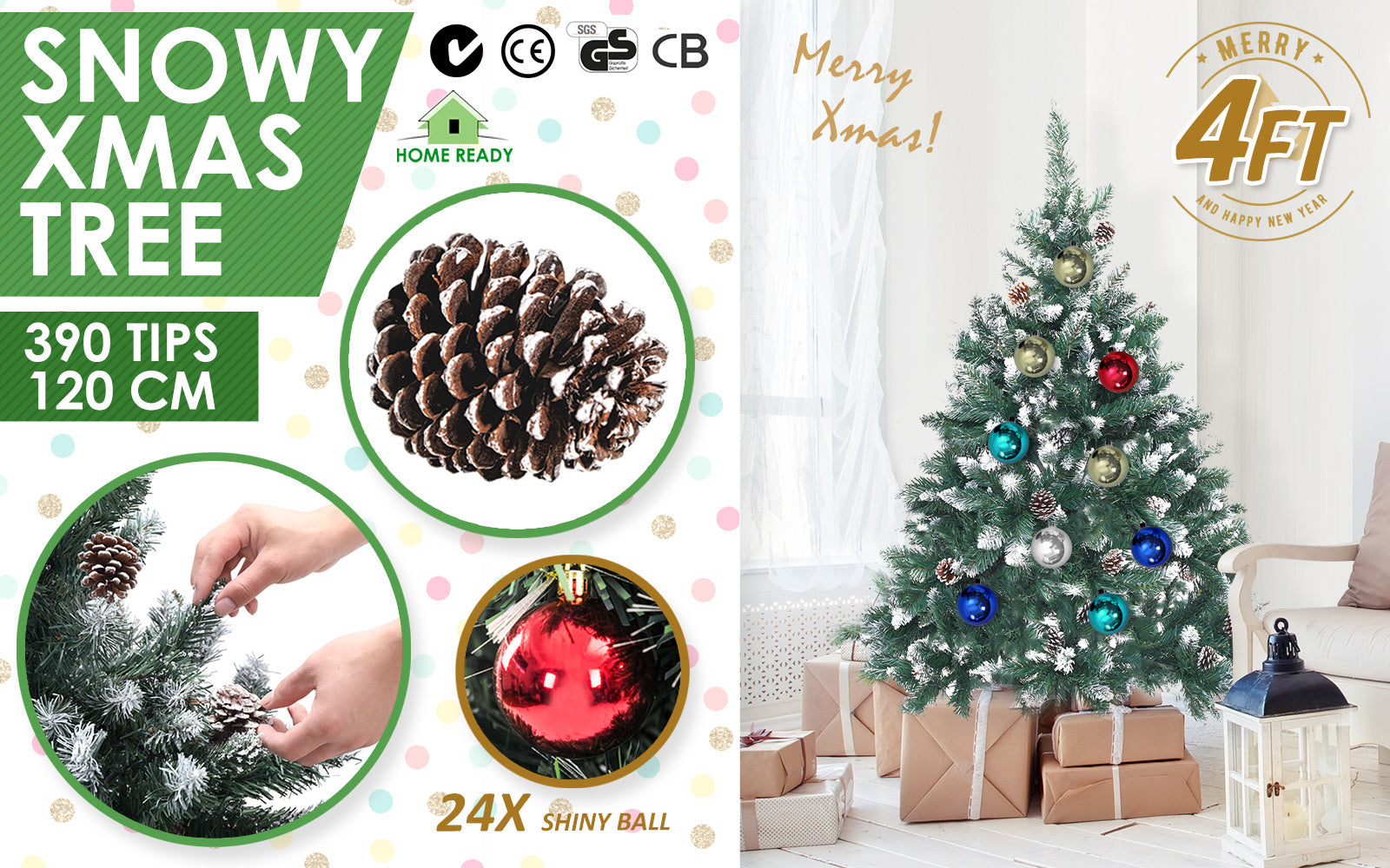 Home Ready 4Ft 120cm 390 tips Green Snowy Christmas Tree Xmas Pine Cones + Bauble Balls Deals499