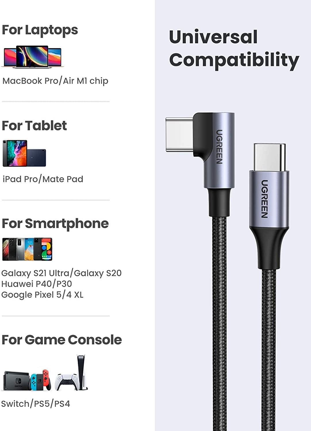 UGREEN 80714 USB-C 2.0 to Angle USB-C Cable Black 3M Deals499