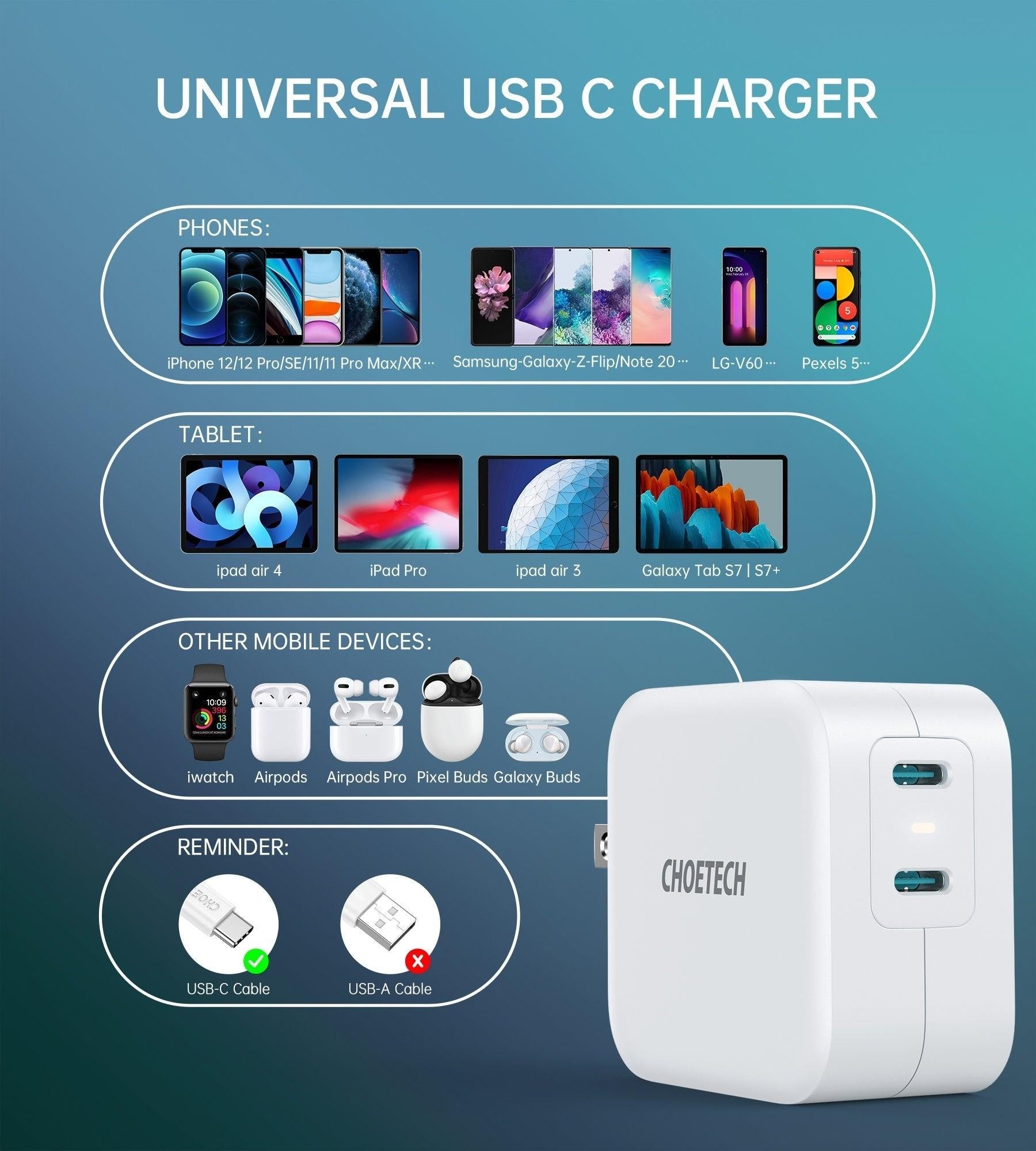 Choetech PD6009 40W Dual Fast USB C Charger 2-Port 20W PD 3.0 With Foldable Plug Deals499