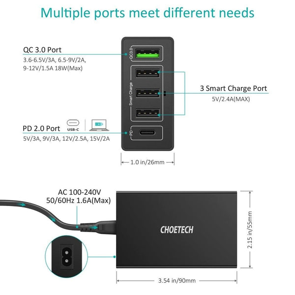 CHOETECH Q34U2Q 5-Port 60W PD Charger with 30W Power Delivery and 18W Quick Charge 3.0 Deals499