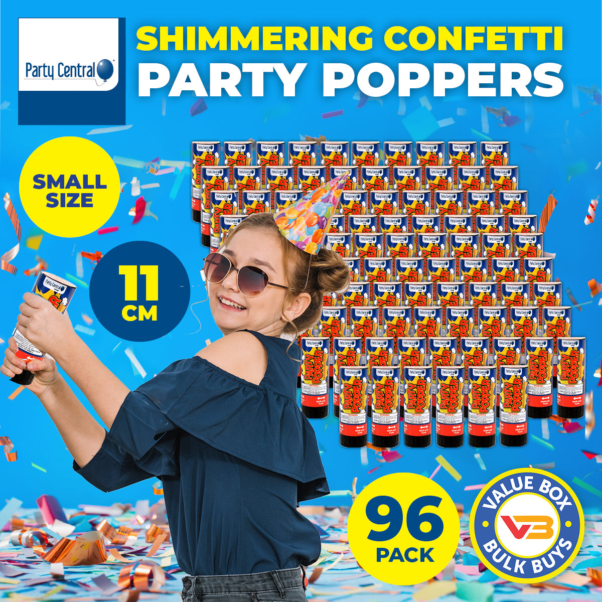 Party Central 96PCE Party Popper Twist Release Shimmering Confetti 11cm Deals499