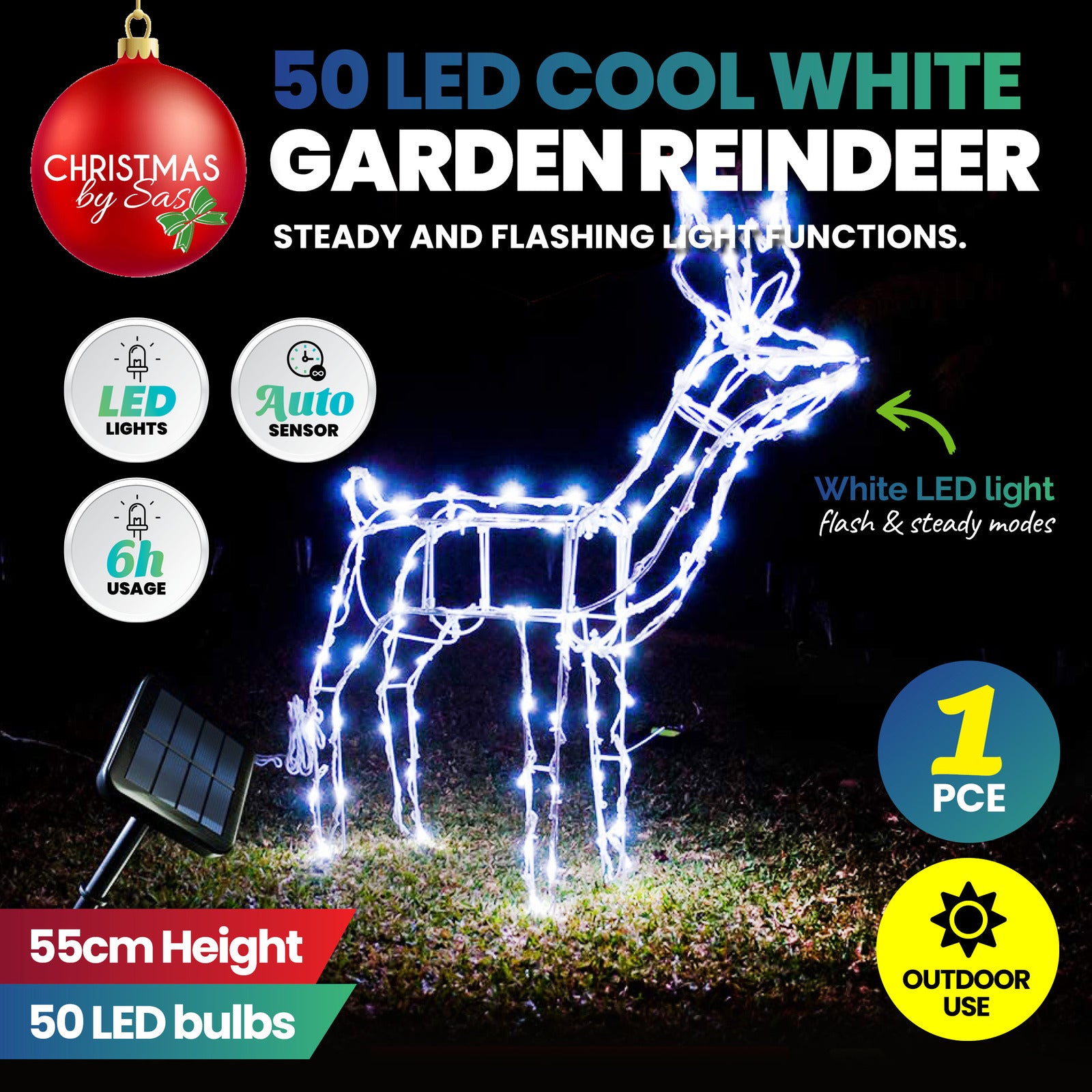 Christmas By Sas 55cm Reindeer Rope Light Solar LED Cool White Auto Sensor Deals499