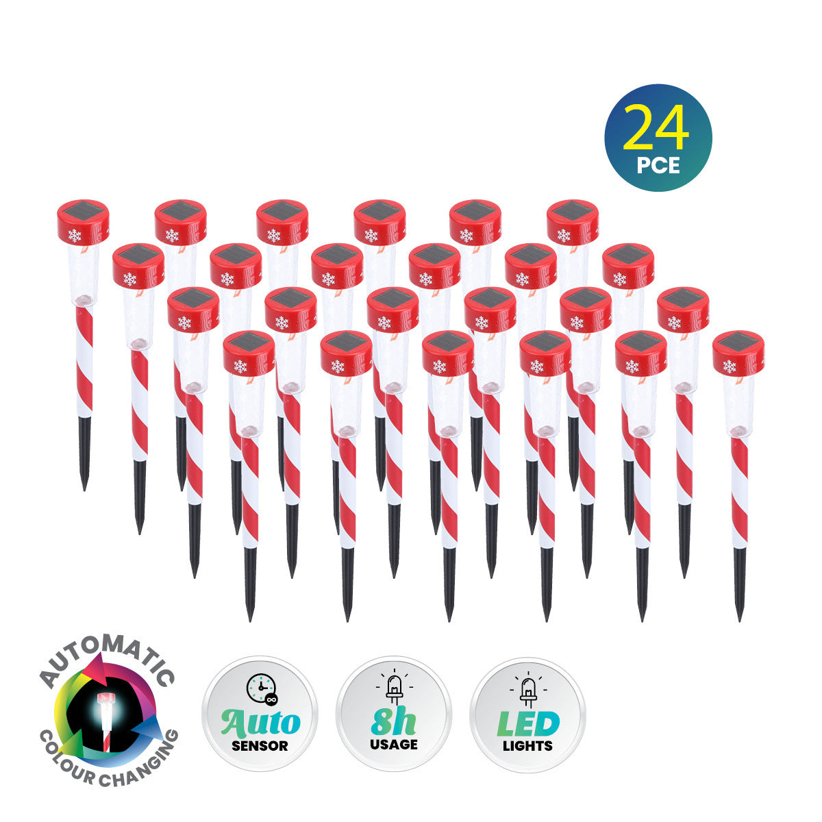 Christmas By Sas 24PCE Solar Stakes Red & White Striped Colour Changing 36cm Deals499