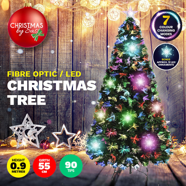 Christmas By Sas 90cm Fibre Optic/LED Christmas Tree 90 Tips Multicolour Star & Ornaments Deals499