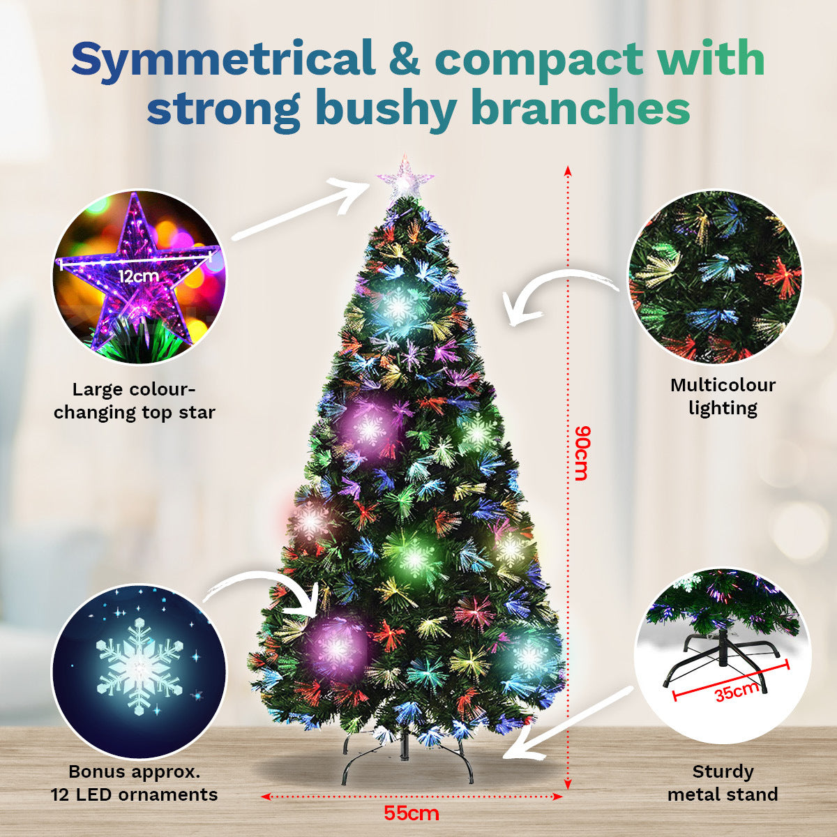 Christmas By Sas 90cm Fibre Optic/LED Christmas Tree 90 Tips Multicolour Star & Ornaments Deals499