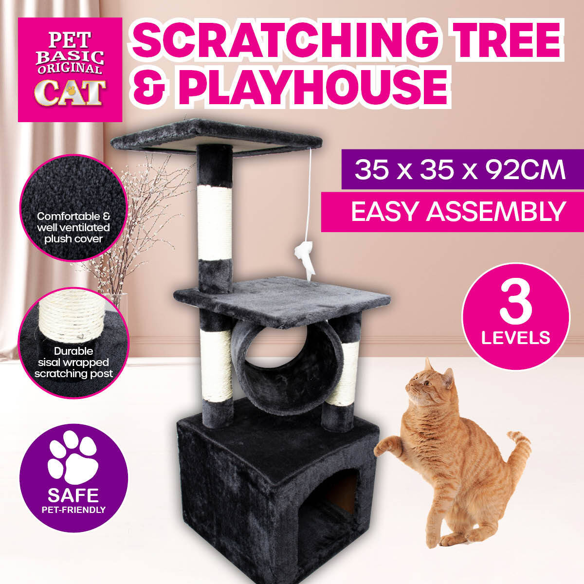 Pet Basic 3 Level Cat Scratch Tree & Playhouse Fun Climb Rest 92 x 35cm Deals499
