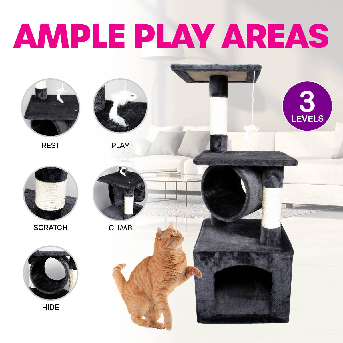 Pet Basic 3 Level Cat Scratch Tree & Playhouse Fun Climb Rest 92 x 35cm Deals499