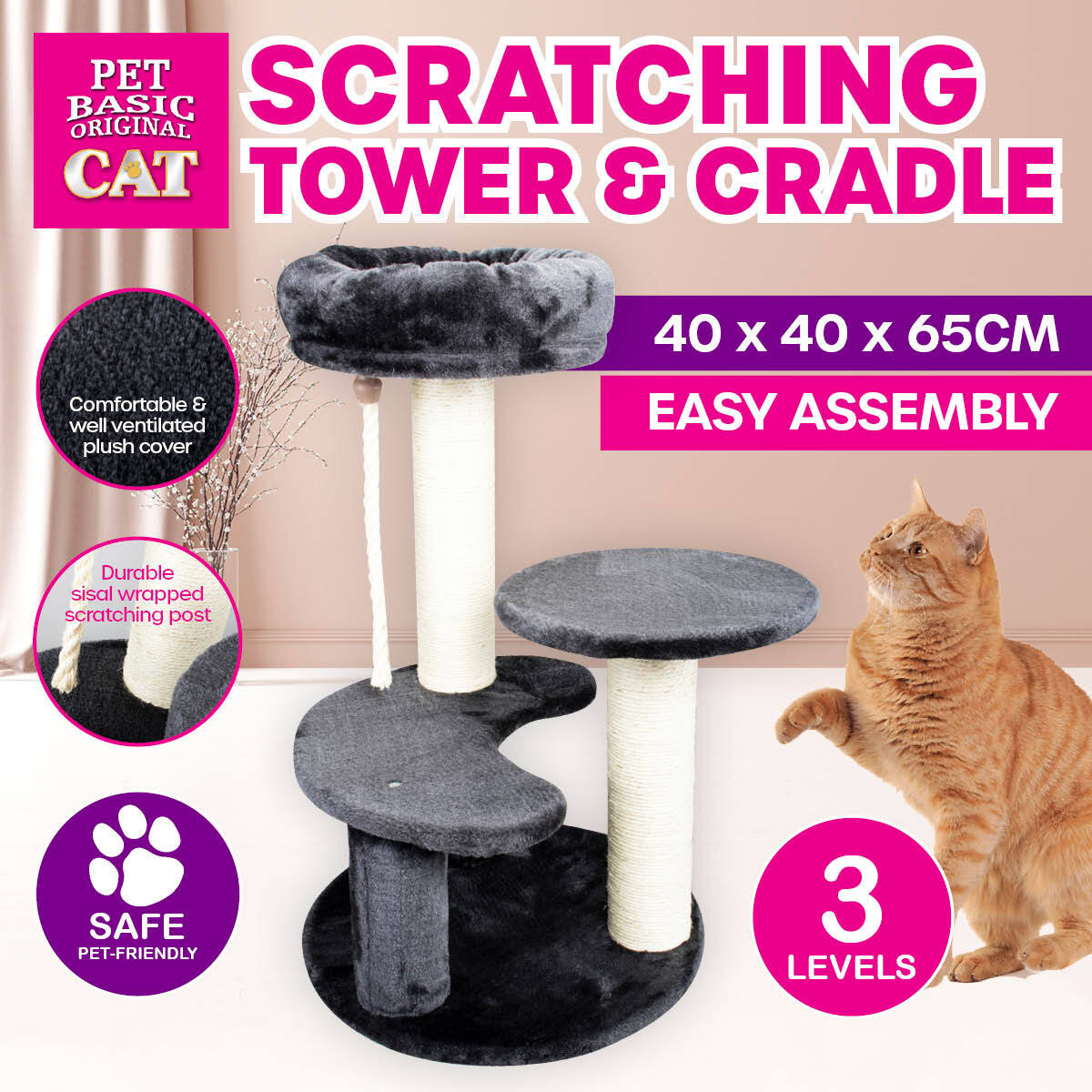 Pet Basic 3 Level Cat Scratching Tower & Cosy Bed Scratch Climb 65 x 40cm Deals499