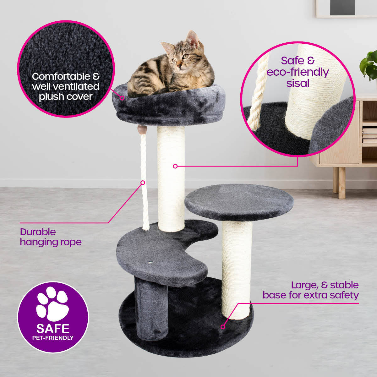 Pet Basic 3 Level Cat Scratching Tower & Cosy Bed Scratch Climb 65 x 40cm Deals499