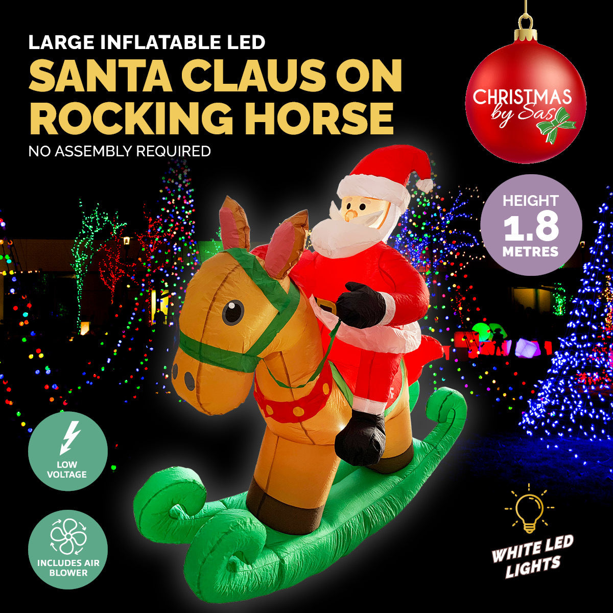Christmas By Sas 1.8m Self Inflatable LED Santa On Rocking Horse Deals499