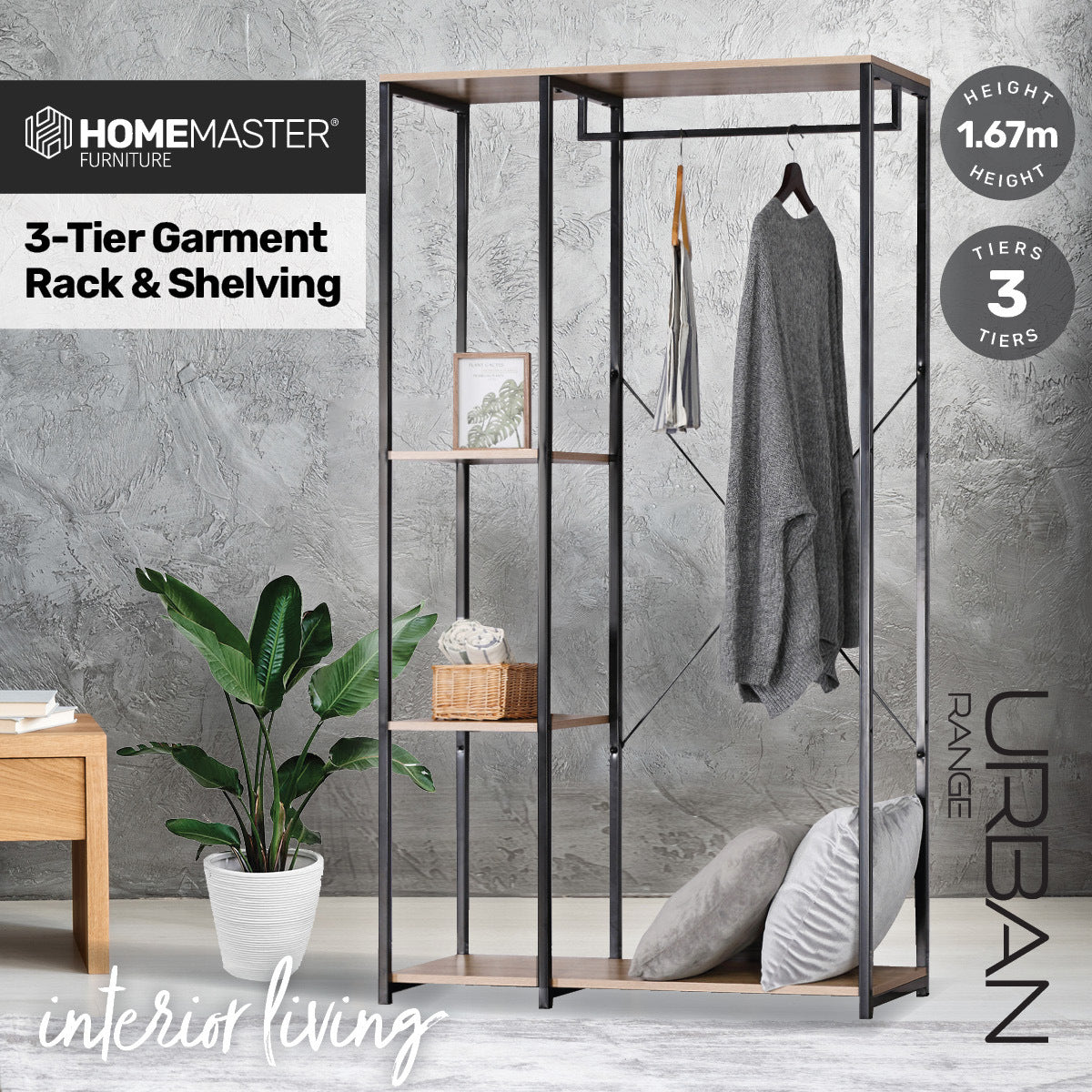 Home Master Garment Rack & Shelving 3 Tier Sleek Stylish Modern Design 1.67m Deals499