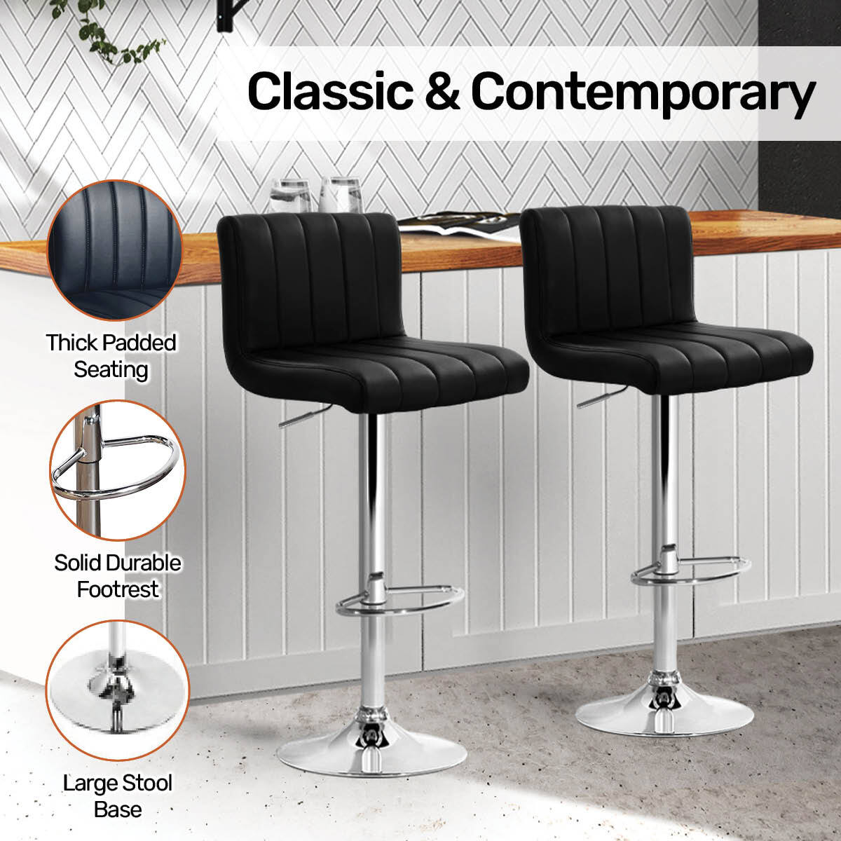 Home Master 2PCE Bar Stool Black Swivel Seat Adjusting Height Stylish Modern Deals499