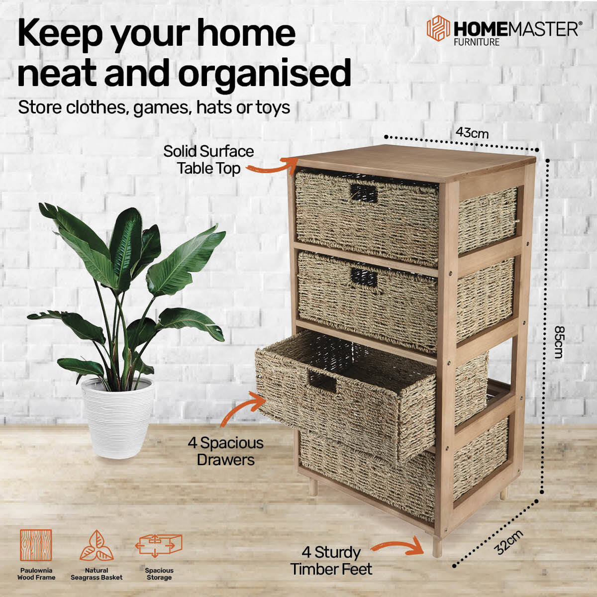 Home Master 4 Drawer Natural Seagrass Wooden Storage Chest Stylish 85cm Deals499