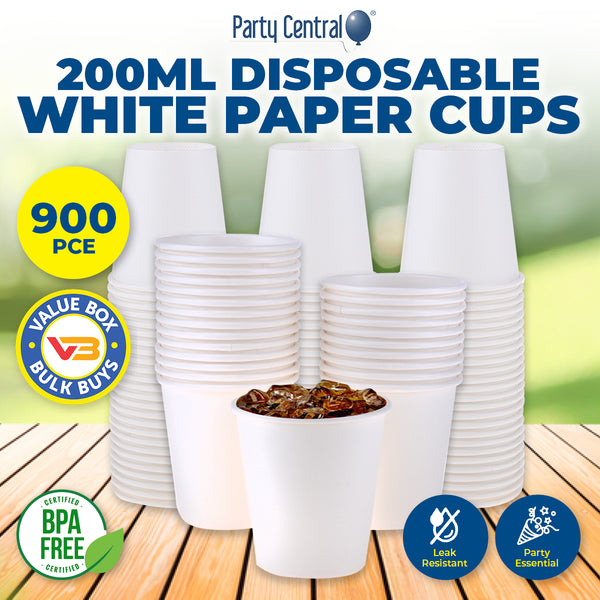 Party Central 900PCE White Paper Cups Disposable Leak Resistant 200ml Deals499