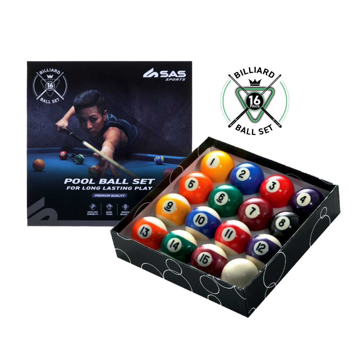 SAS Sports Pool Ball Boxed Set Premium Quality & Durability Gloss Finish Deals499