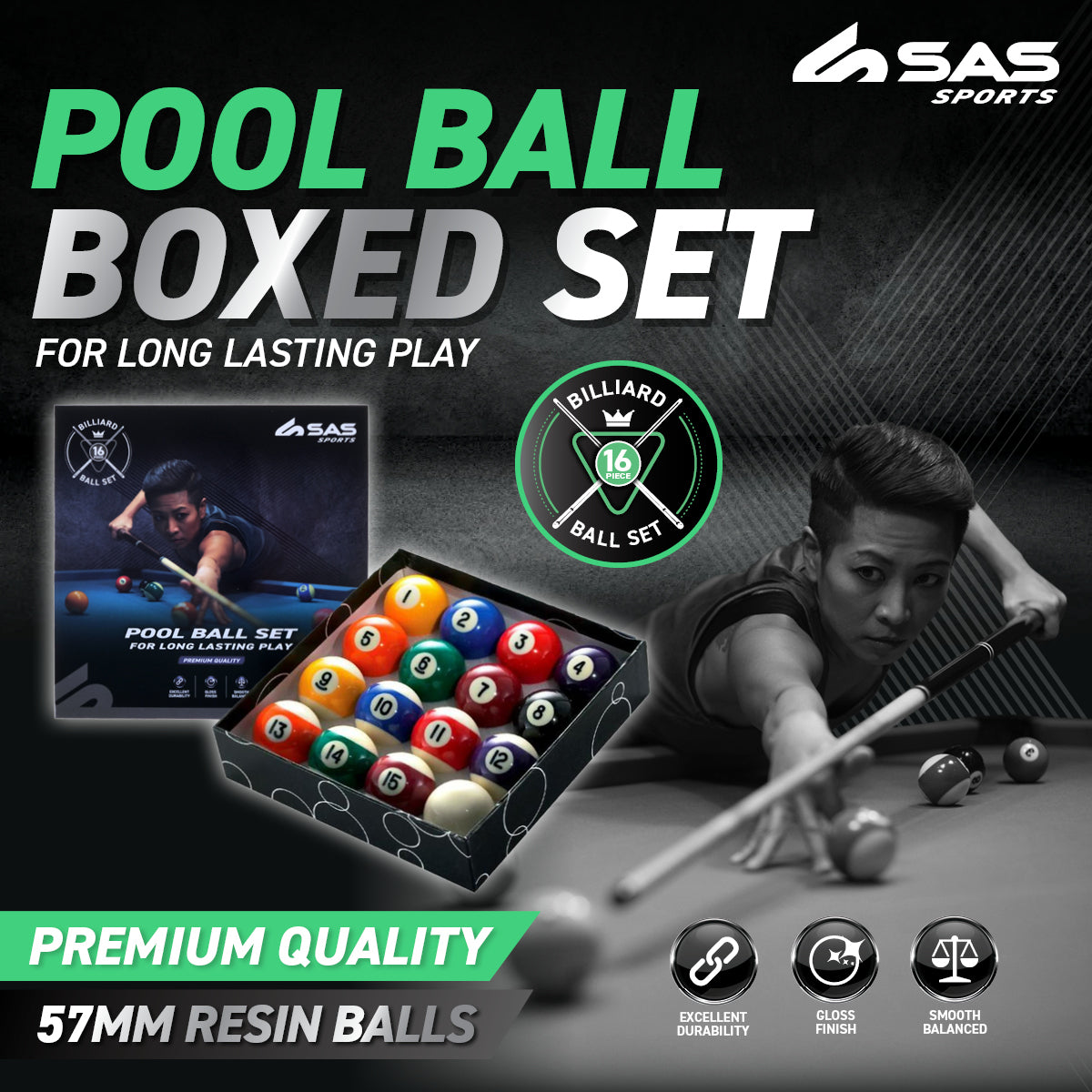 SAS Sports Pool Ball Boxed Set Premium Quality & Durability Gloss Finish Deals499