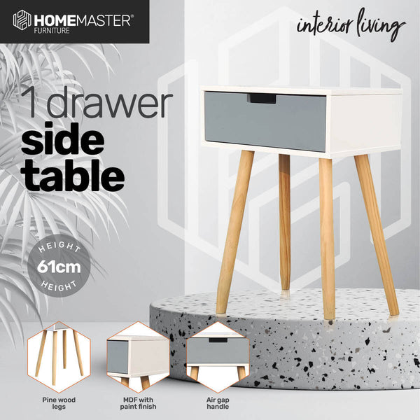 Home Master 1 Drawer Side Table Modern Sleek &amp; Stylish Neutral Design 61cm Deals499