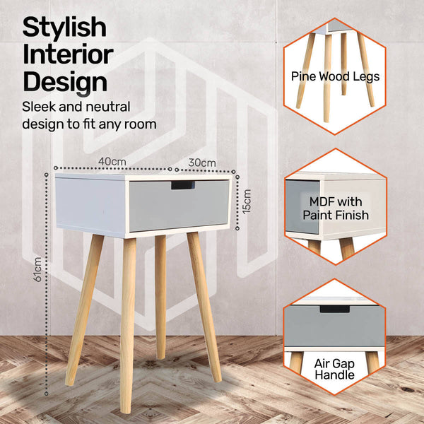Home Master 1 Drawer Side Table Modern Sleek &amp; Stylish Neutral Design 61cm Deals499