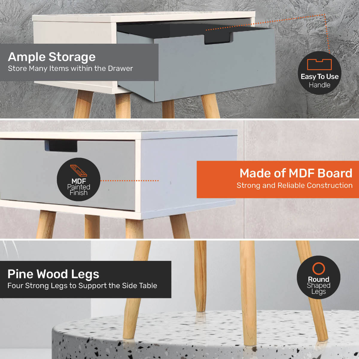 Home Master 1 Drawer Side Table Modern Sleek & Stylish Neutral Design 61cm Deals499