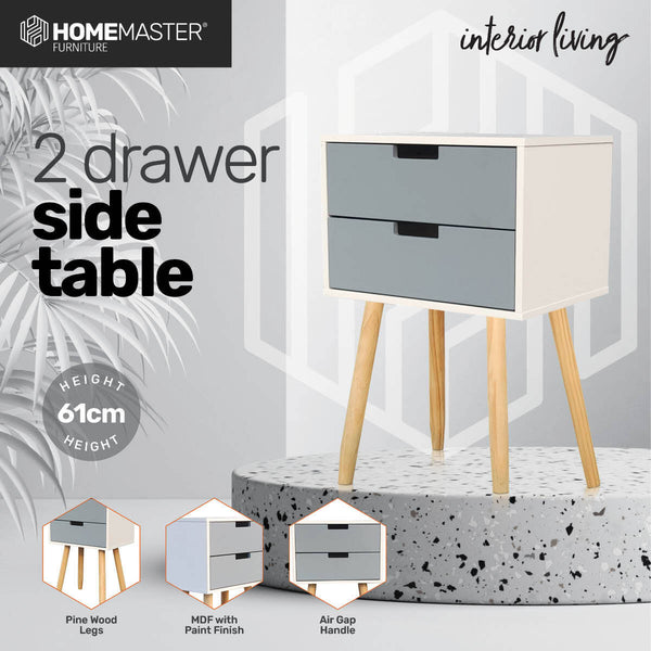 Home Master 2 Drawer Side Table Modern Sleek &amp; Stylish Neutral Design 61cm Deals499