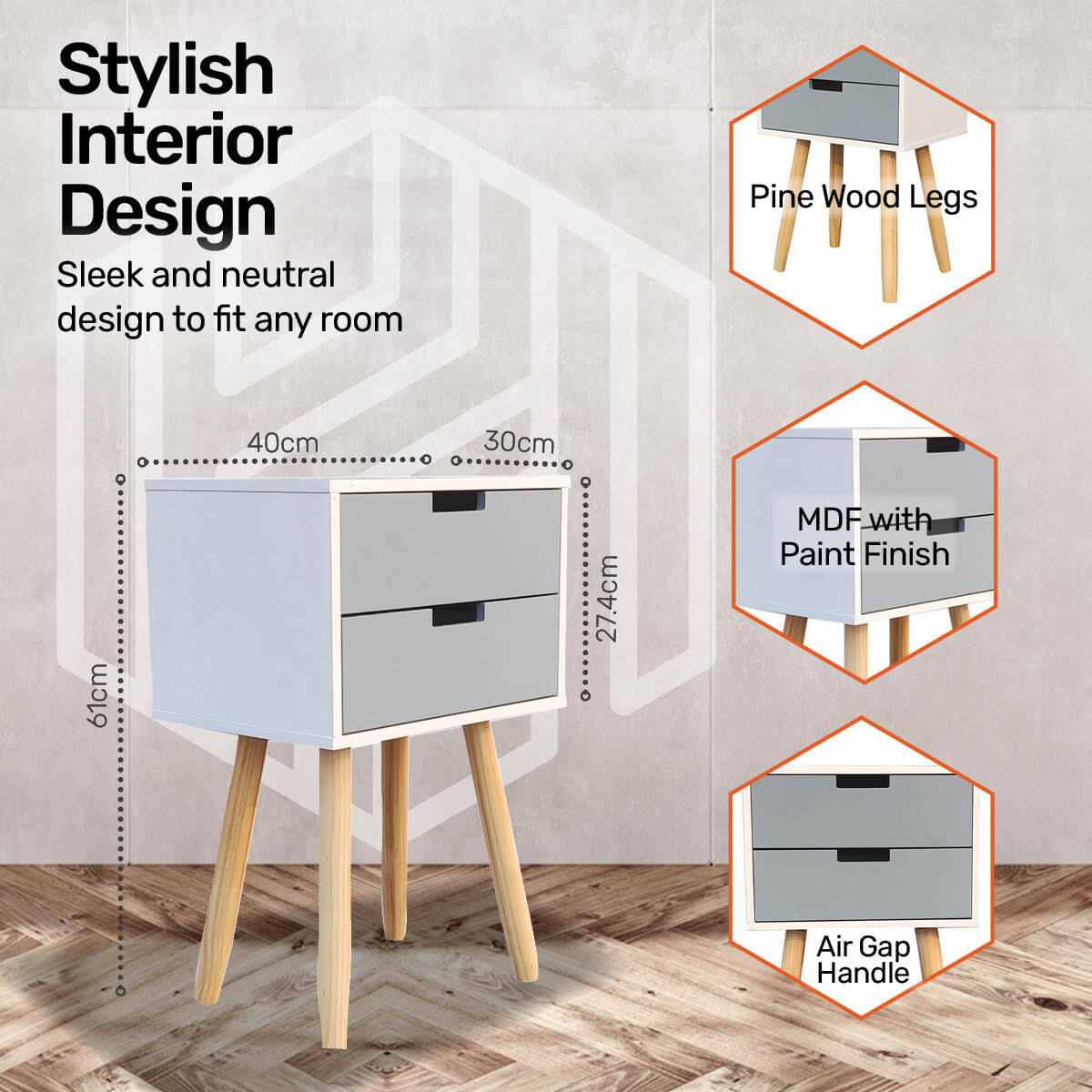 Home Master 2 Drawer Side Table Modern Sleek & Stylish Neutral Design 61cm Deals499
